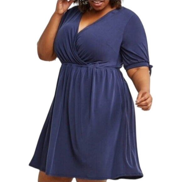 LANE BRYANT BLUE CROSSOVER FIT/FLARE SLASH SLEEVES DRESS SZ 26/28 - Picture 1 of 10